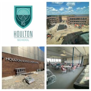 Logo for Houlton School and three photos of the front and internal rooms in the school